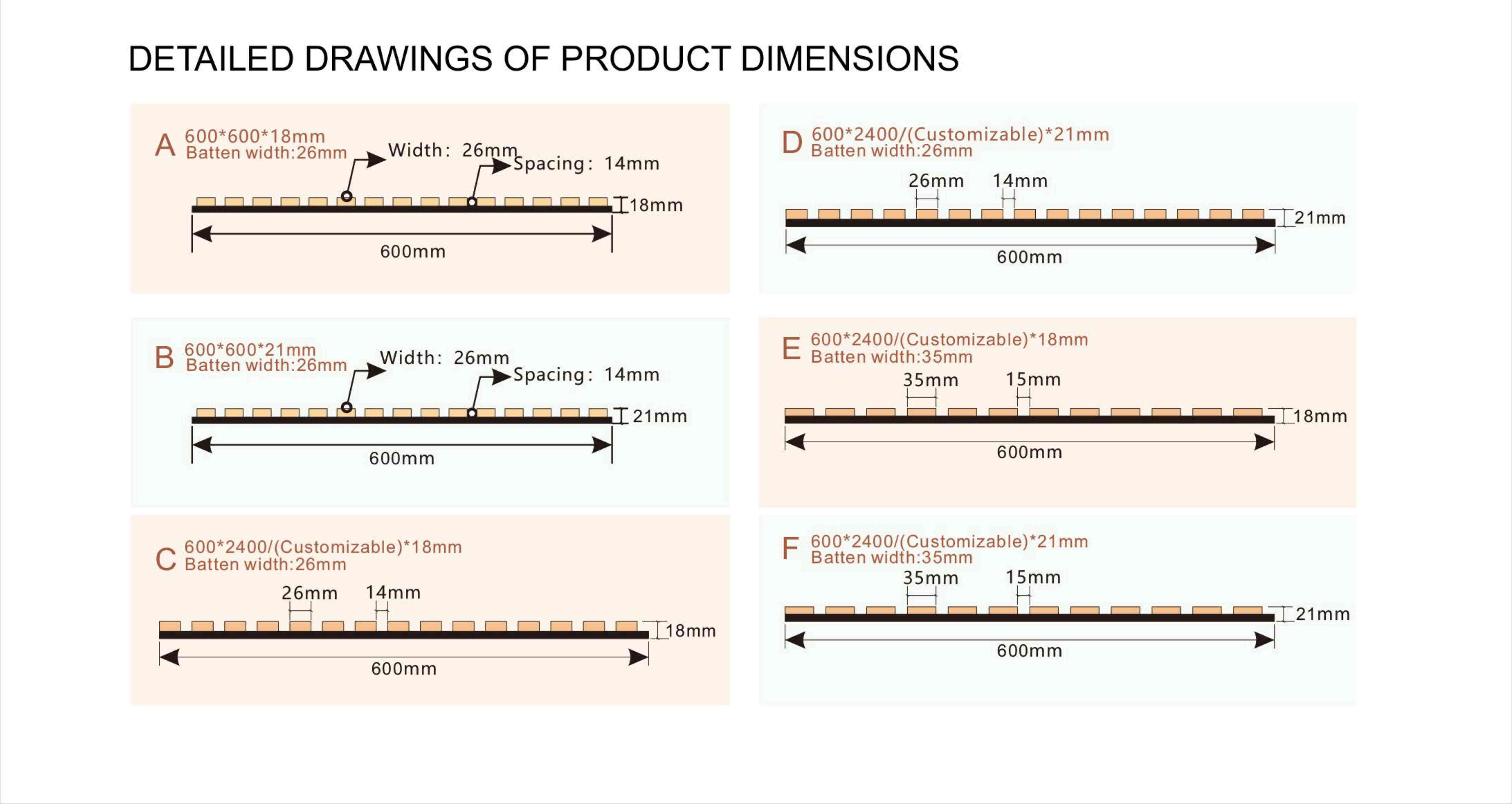 Single Wood Veneer Acoustic Slat Panels of Product Dimensions